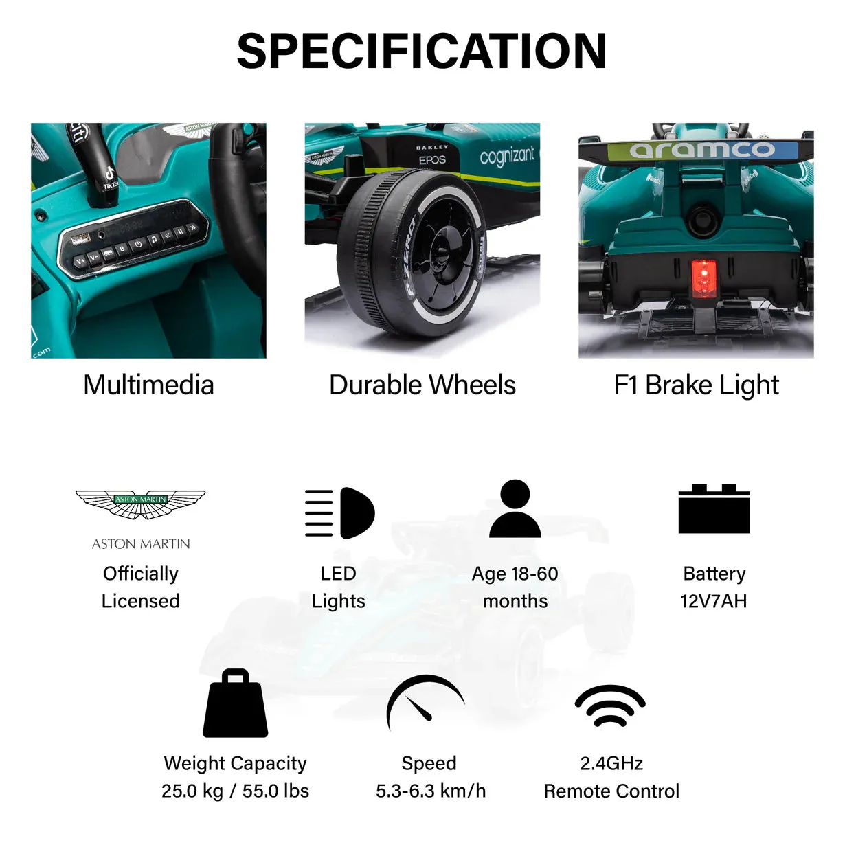 2025 Licensed Aston Martin F1 Car 12V Ride On Car 1 Seater For Kids | 1 Seater | LED Lights | Remote | Music | Ages 3-8