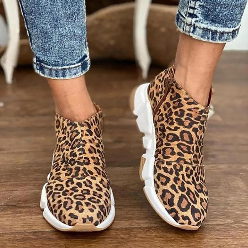 Amozae-Fall Ladies Ankle Boots Side Zipper Leopard Pattern Low Heel Women Booties Stylish Comfort Faux Leather Round Toe Casual Shoes