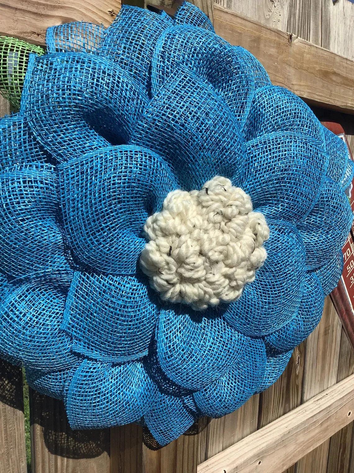 Blue Mesh Flower Wreath for Front Door