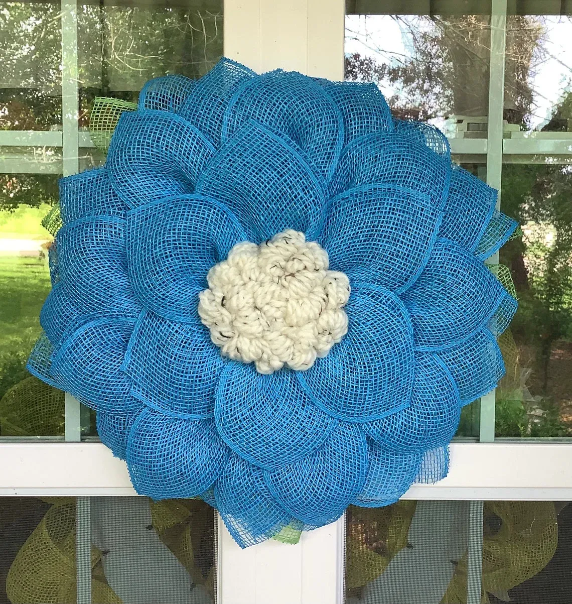 Blue Mesh Flower Wreath for Front Door