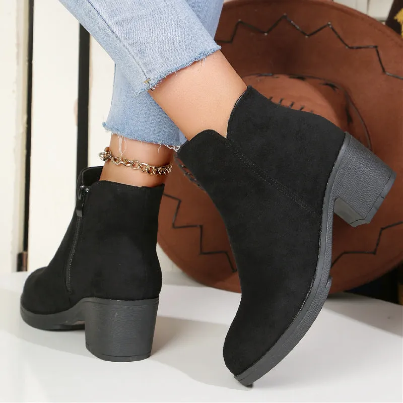 Chunky Heel round Toe Suede Martin Boots for Women  Autumn and Winter British Style Black Mid Heel Side Zipper plus Size Women's Ankle Boots