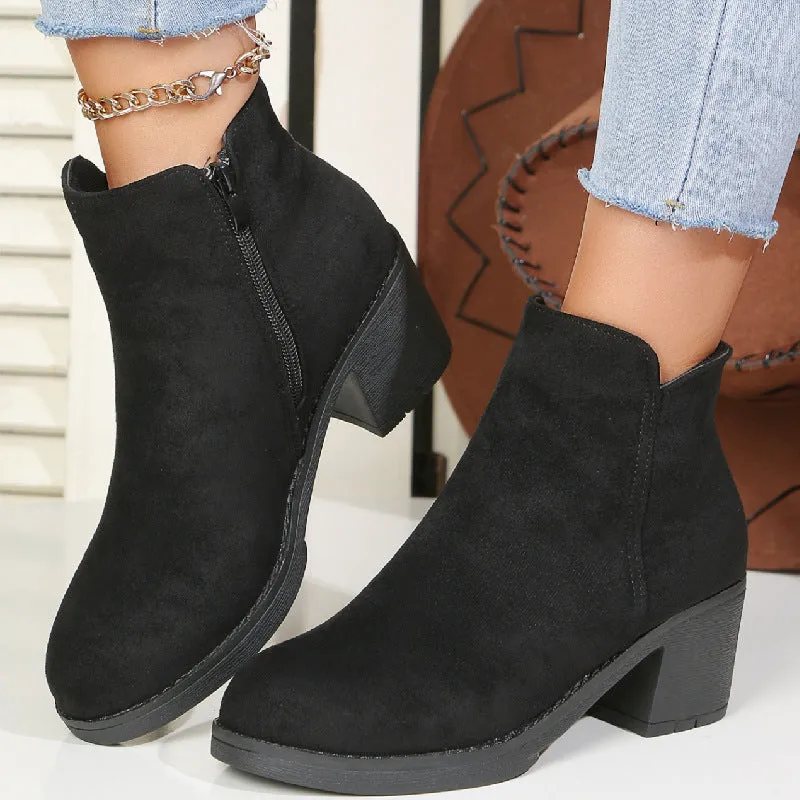 Chunky Heel round Toe Suede Martin Boots for Women  Autumn and Winter British Style Black Mid Heel Side Zipper plus Size Women's Ankle Boots