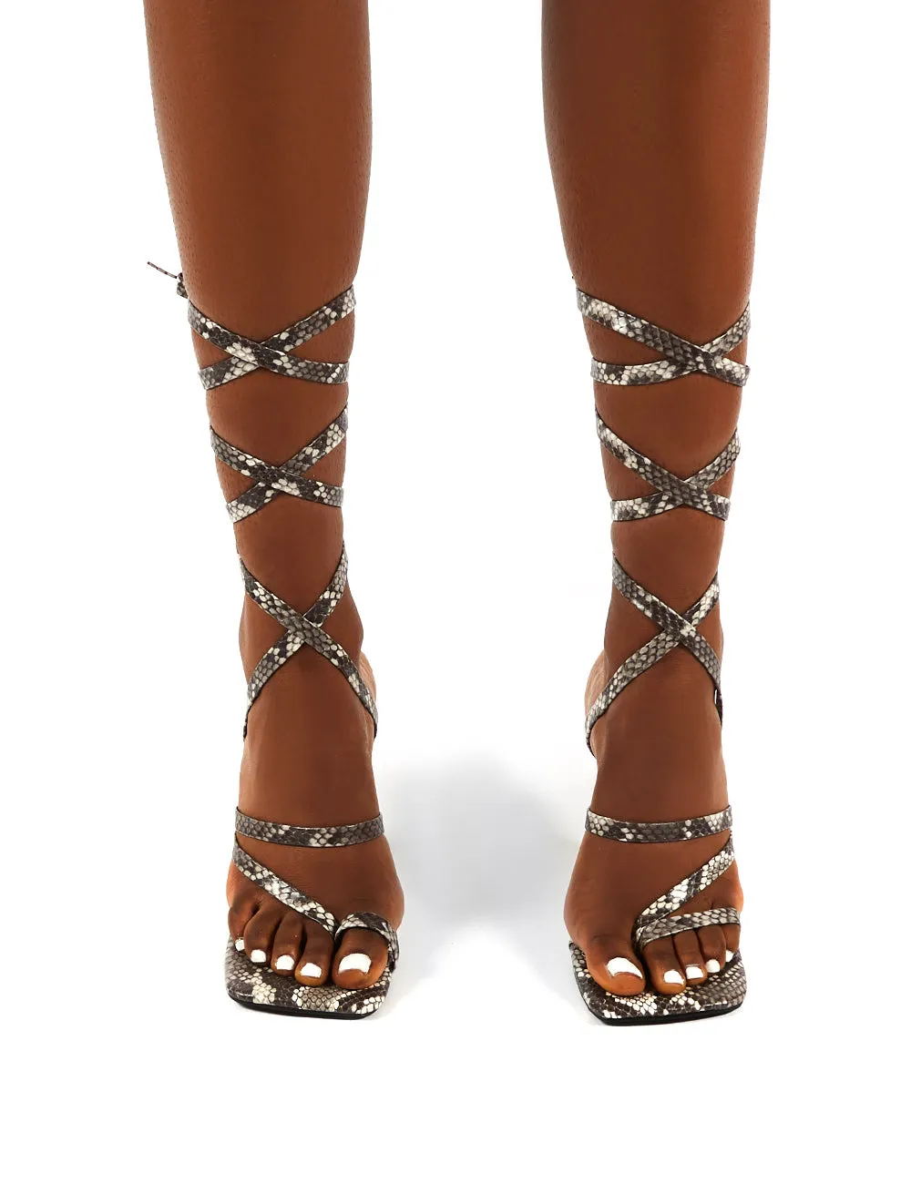 Cinnamon Snake Square Toe Ankle Tie Heels