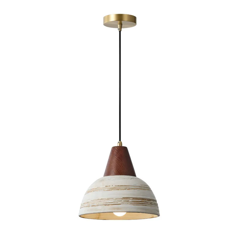 Contemporary Retro Ceramic Bowl Shape Wood 1-Light Pendant Light For Living Room