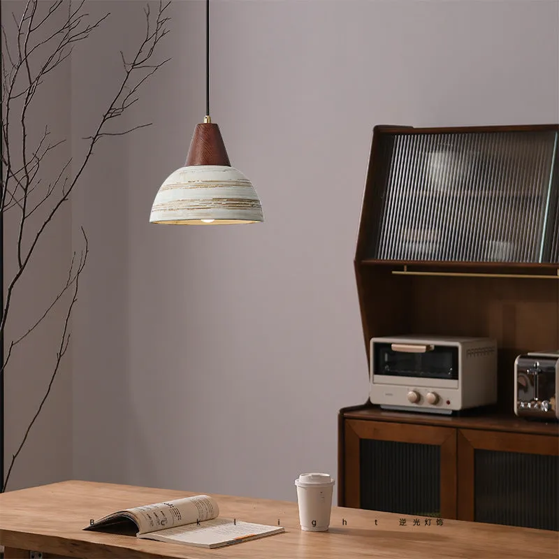 Contemporary Retro Ceramic Bowl Shape Wood 1-Light Pendant Light For Living Room