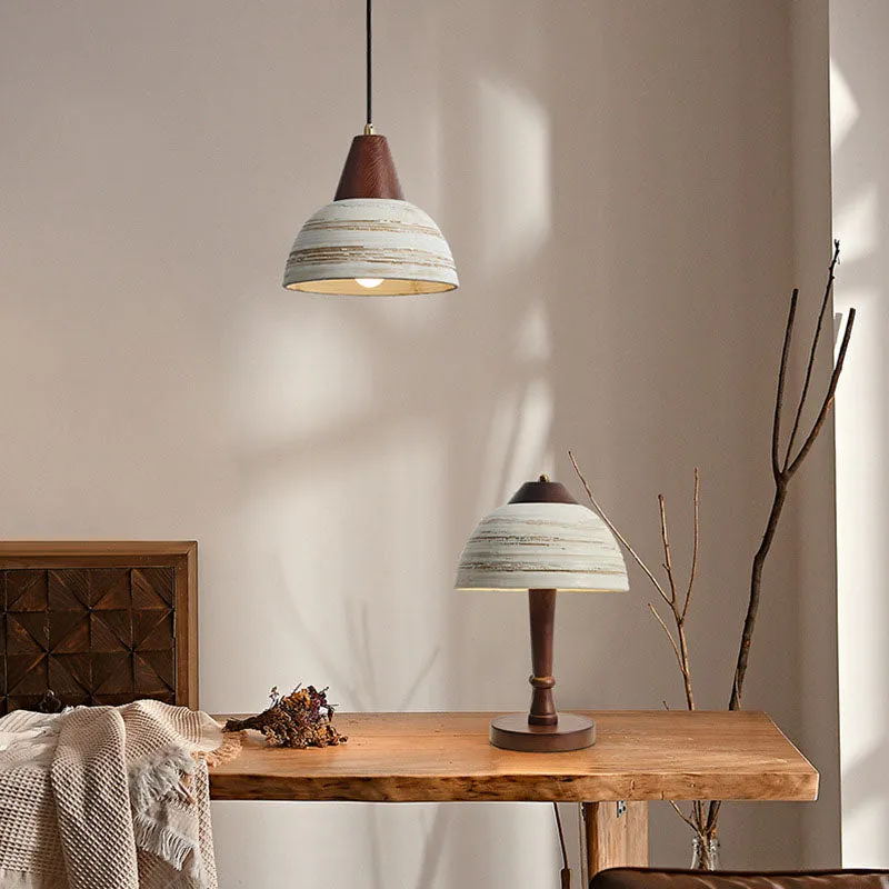 Contemporary Retro Ceramic Bowl Shape Wood 1-Light Pendant Light For Living Room