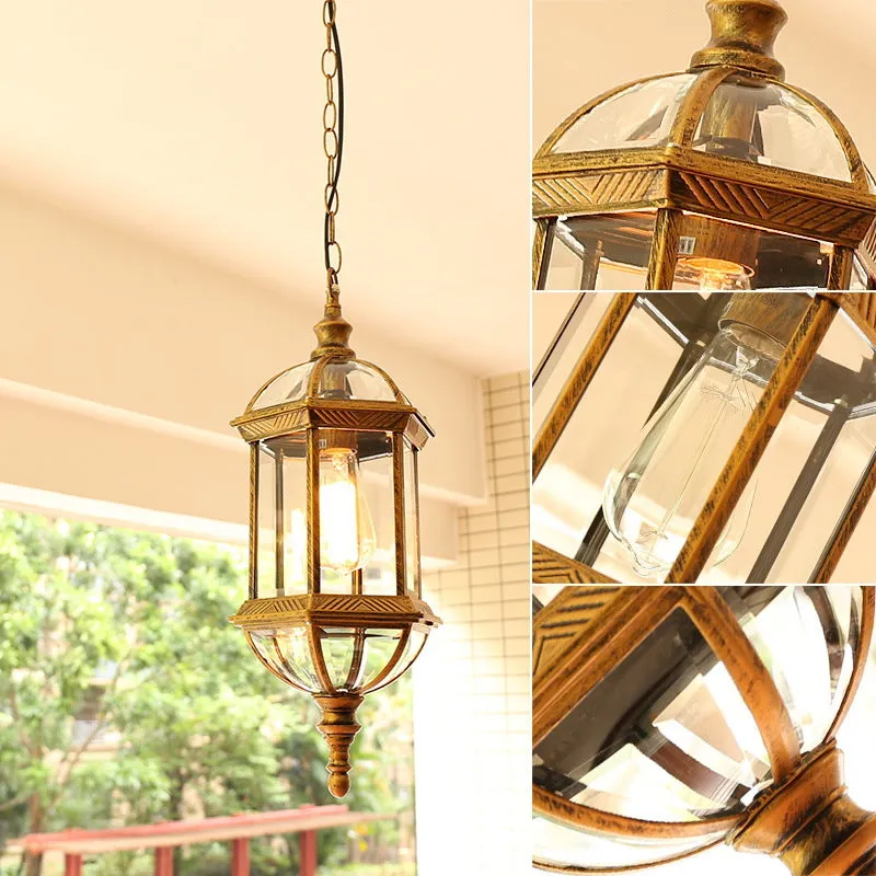 Contemporary Retro Hexagonal Lantern Glass Aluminum 1-Light Waterproof Pendant Light For Outdoor Patio