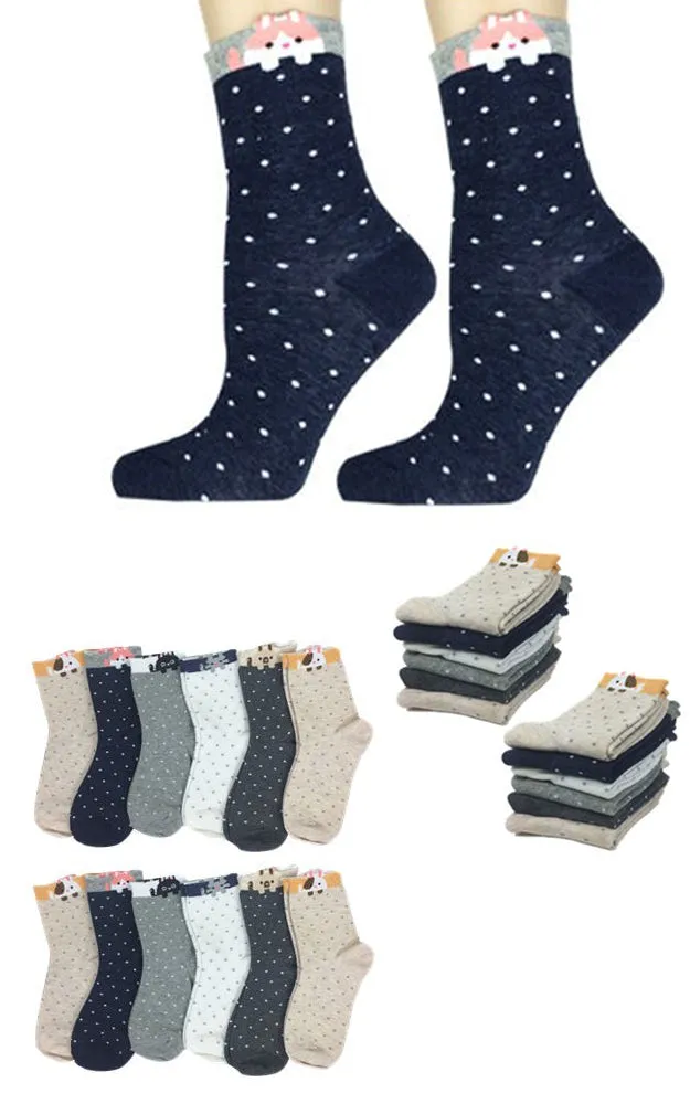 DB76183 Cute Polka Dot Cartoon Cotton Casual Socks  (12prs Pack)