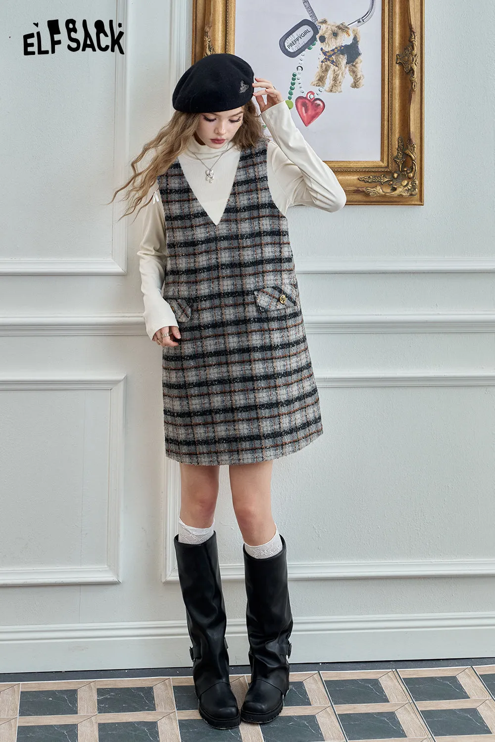 ELFSACK 2024 Winter New Arrivals Retro plaid vest dress, elegant preppy style loose yarn-dyed plaid