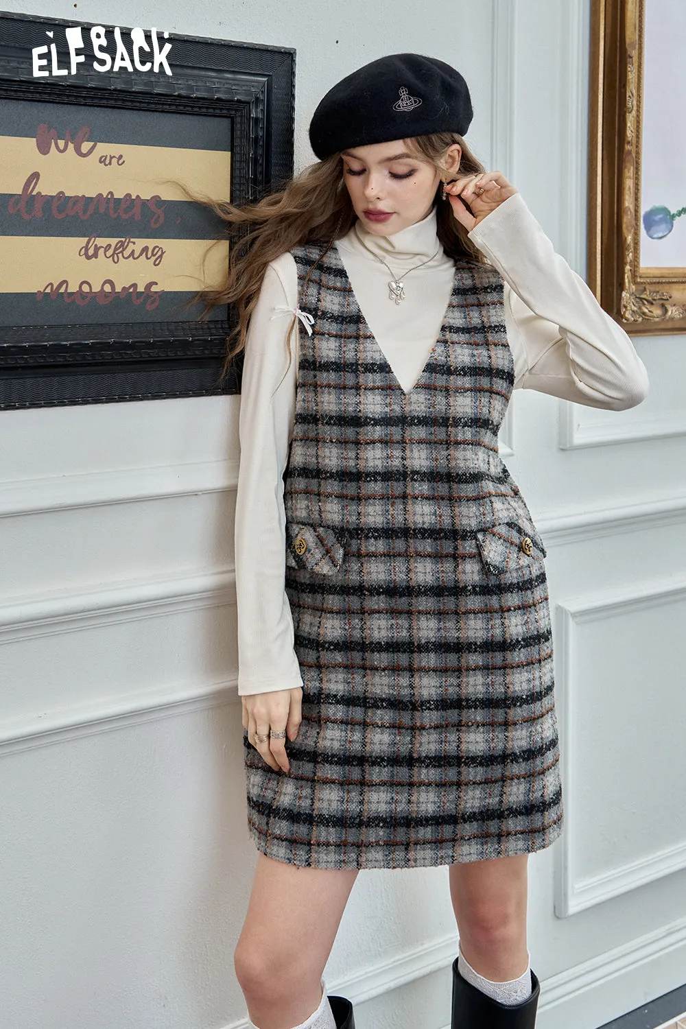 ELFSACK 2024 Winter New Arrivals Retro plaid vest dress, elegant preppy style loose yarn-dyed plaid