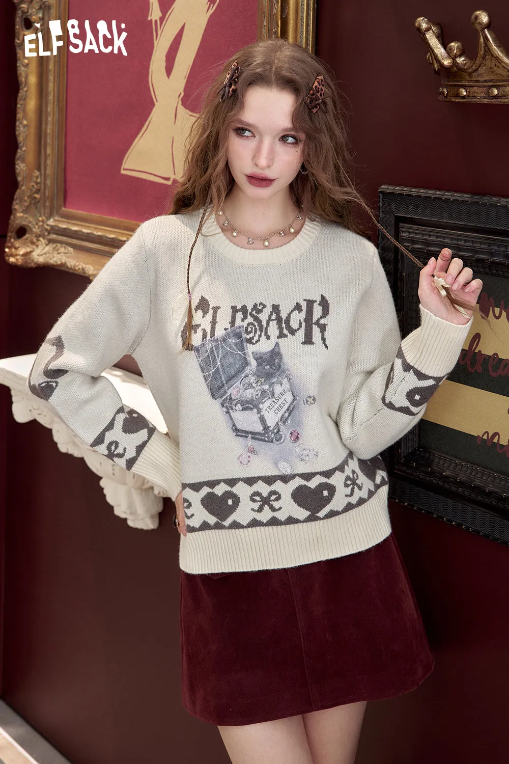 ELFSACK 2024 Winter New Arrivals Short sweater for women knitted jacquard loose soft preppy style