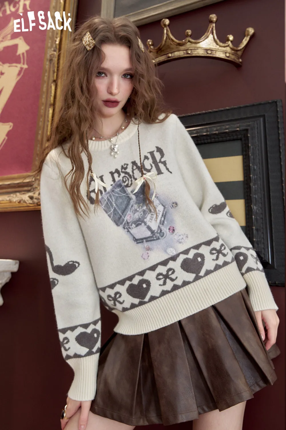 ELFSACK 2024 Winter New Arrivals Short sweater for women knitted jacquard loose soft preppy style