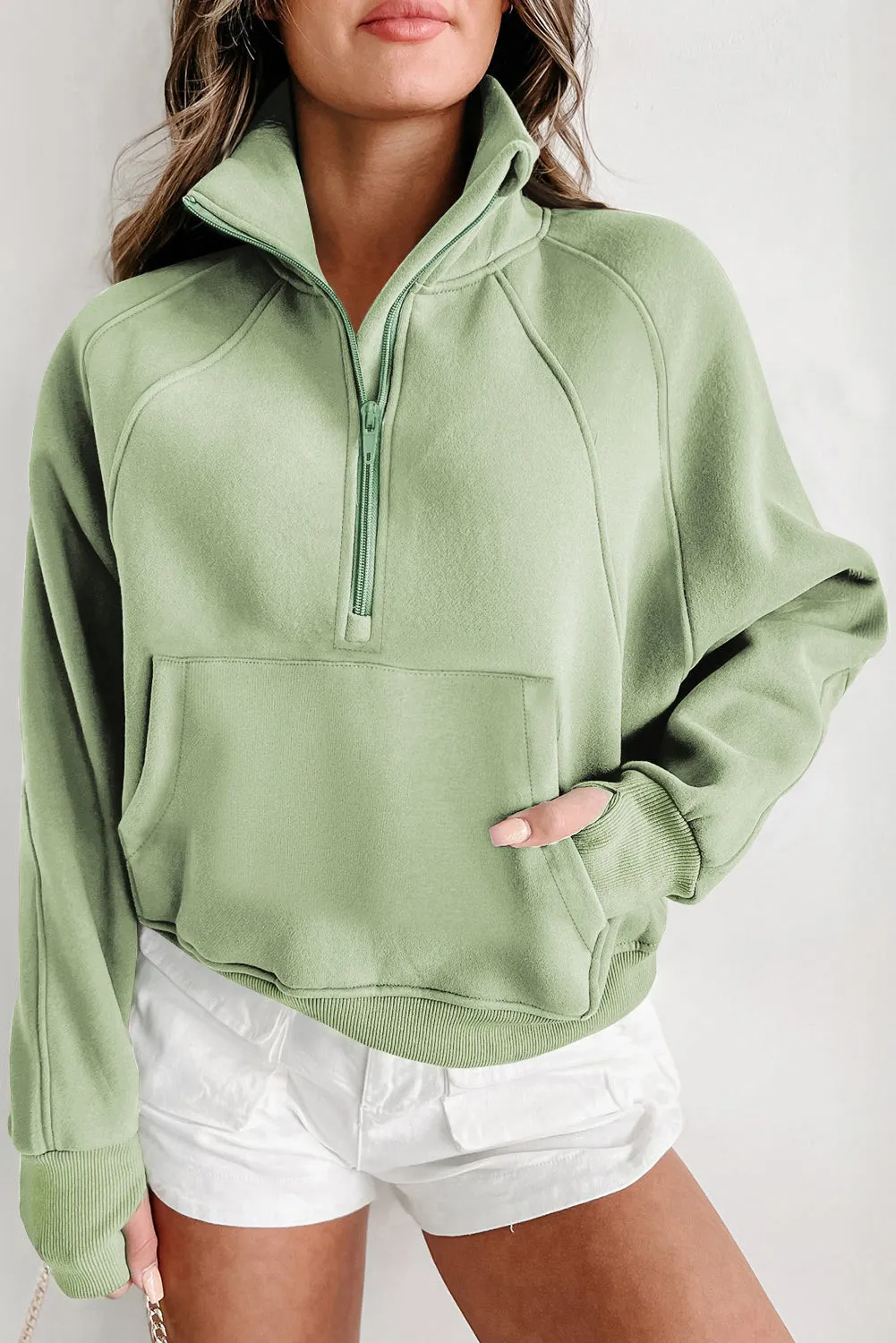 Fleece Lined Zip Up Stand Collar Thumbhole Sleeve Sweatshirt