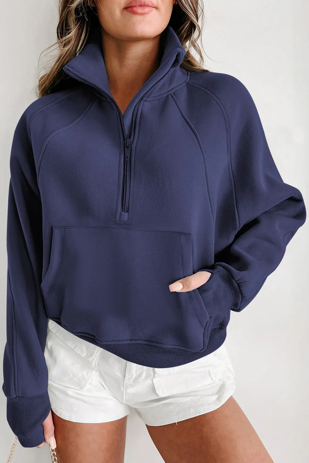 Fleece Lined Zip Up Stand Collar Thumbhole Sleeve Sweatshirt