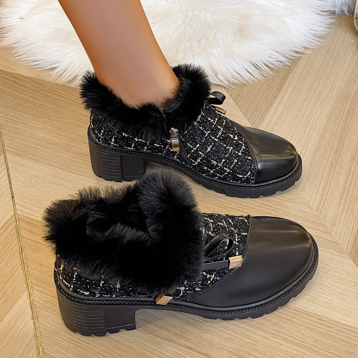 Foreign Trade plus Size Short Boots Women  Autumn and Winter New Round Head Chunky Heel Women Cotton Boots Internet Celebrity Fleece-lined Warm Martin Boots