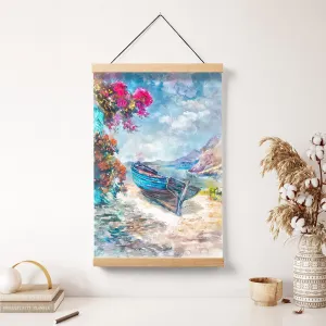 Greek Island Seascape Art Boat On The Shore Hanging Canvas Wall Art - Canvas Wall Decor - Home Decor Living Room