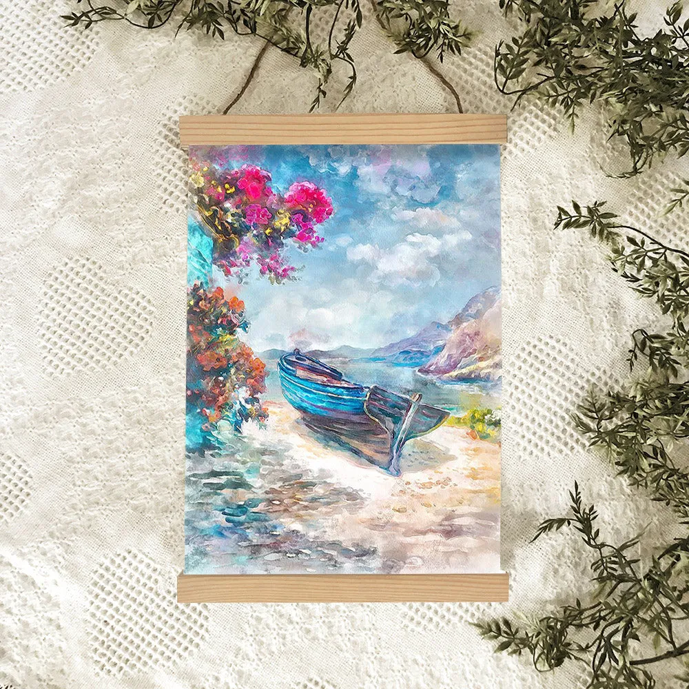 Greek Island Seascape Art Boat On The Shore Hanging Canvas Wall Art - Canvas Wall Decor - Home Decor Living Room