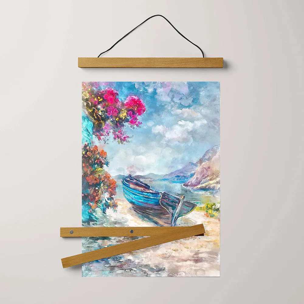 Greek Island Seascape Art Boat On The Shore Hanging Canvas Wall Art - Canvas Wall Decor - Home Decor Living Room