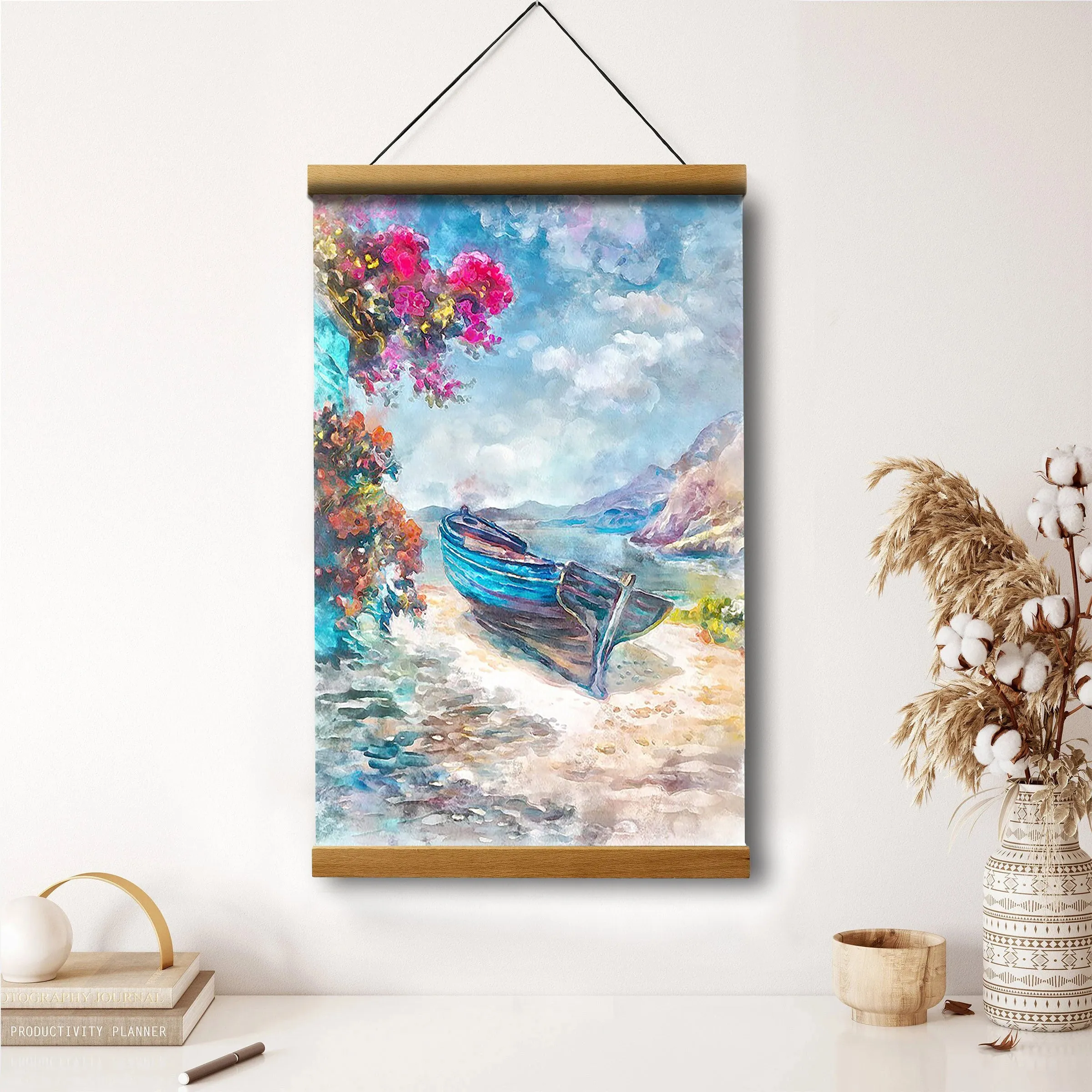 Greek Island Seascape Art Boat On The Shore Hanging Canvas Wall Art - Canvas Wall Decor - Home Decor Living Room