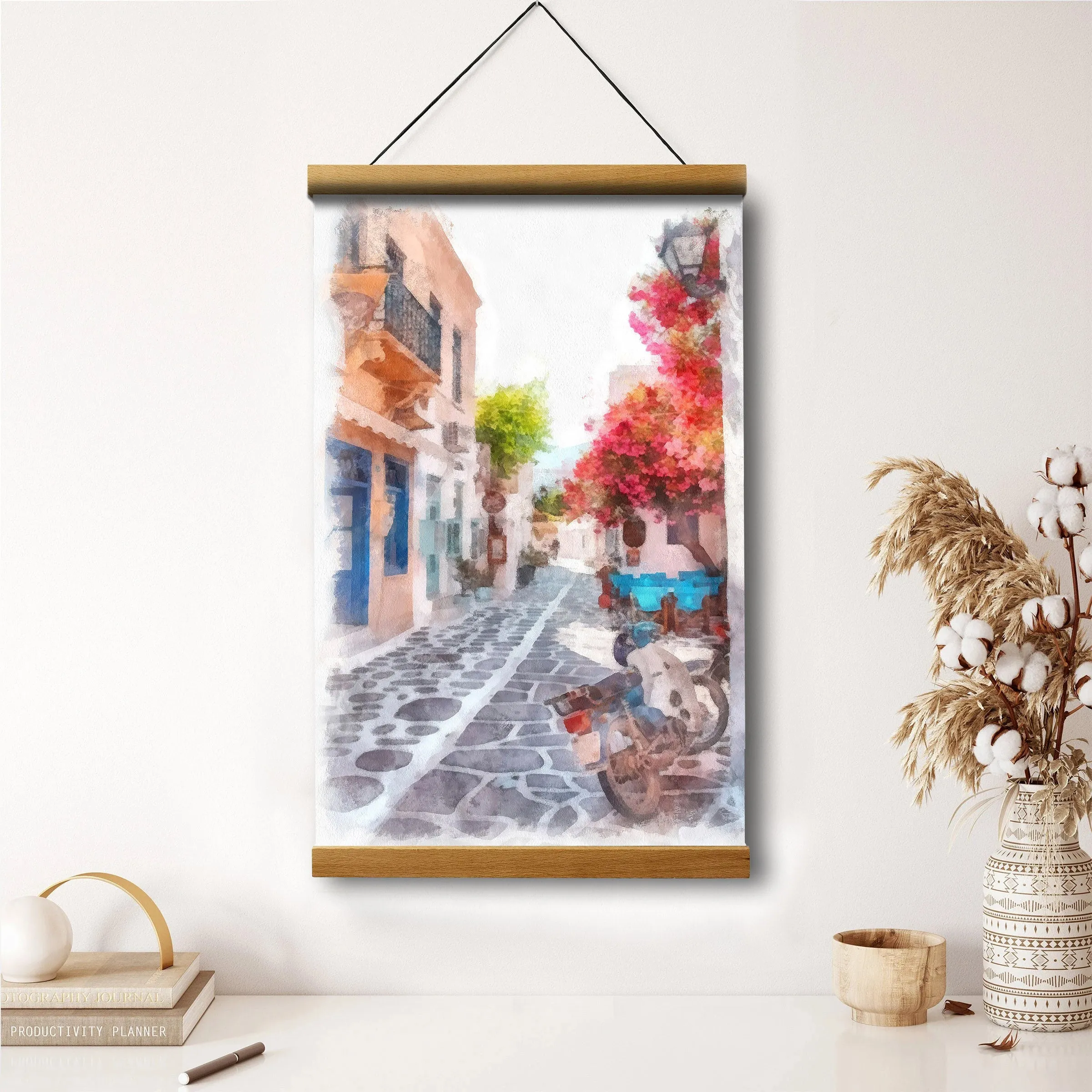 Greek Island Street Painting Hanging Canvas Wall Art - Canvas Wall Decor - Home Decor Living Room