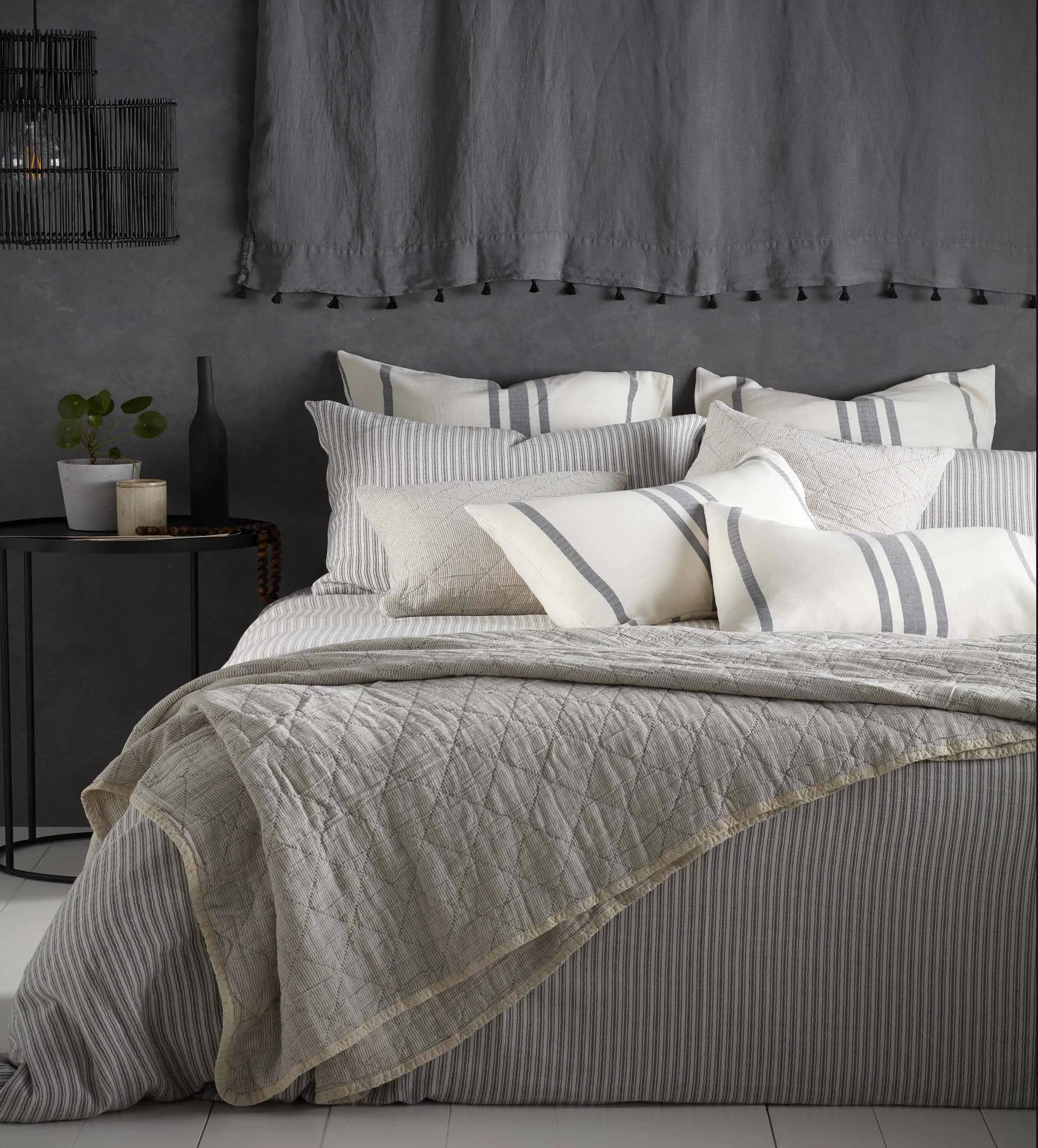 Grey Ticking Stripe Cotton Linen Bed Linen