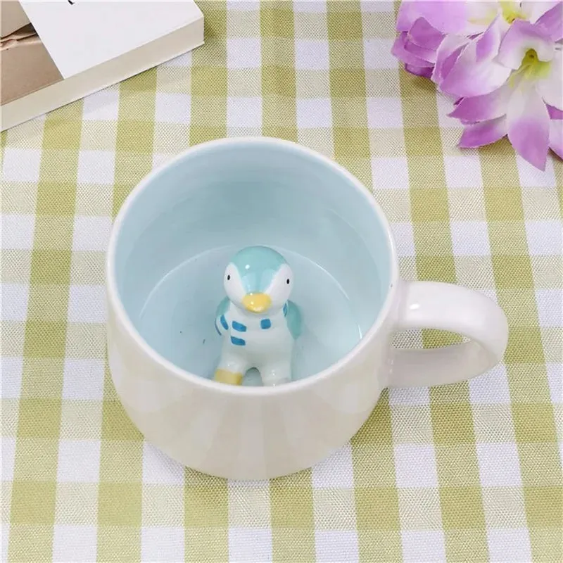 Hot sale Ceramic 3D Cups animal inside Cute bunny little panda Water cups birthday gift penguin puppy coffee mugs for children