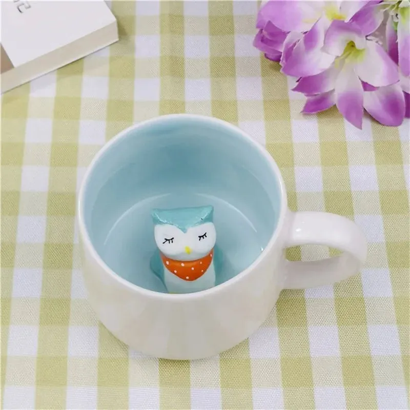 Hot sale Ceramic 3D Cups animal inside Cute bunny little panda Water cups birthday gift penguin puppy coffee mugs for children