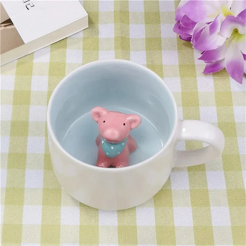 Hot sale Ceramic 3D Cups animal inside Cute bunny little panda Water cups birthday gift penguin puppy coffee mugs for children