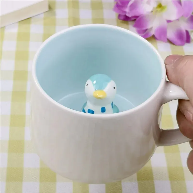 Hot sale Ceramic 3D Cups animal inside Cute bunny little panda Water cups birthday gift penguin puppy coffee mugs for children