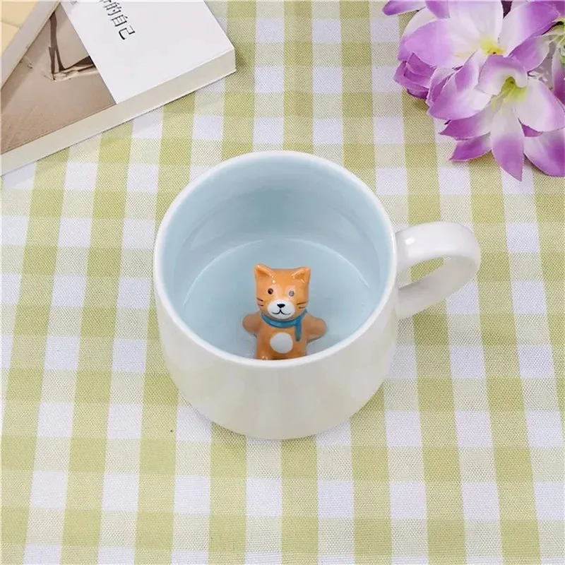 Hot sale Ceramic 3D Cups animal inside Cute bunny little panda Water cups birthday gift penguin puppy coffee mugs for children