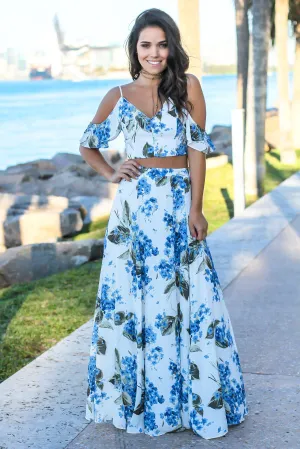 Ivory and Blue Floral Two Piece Set