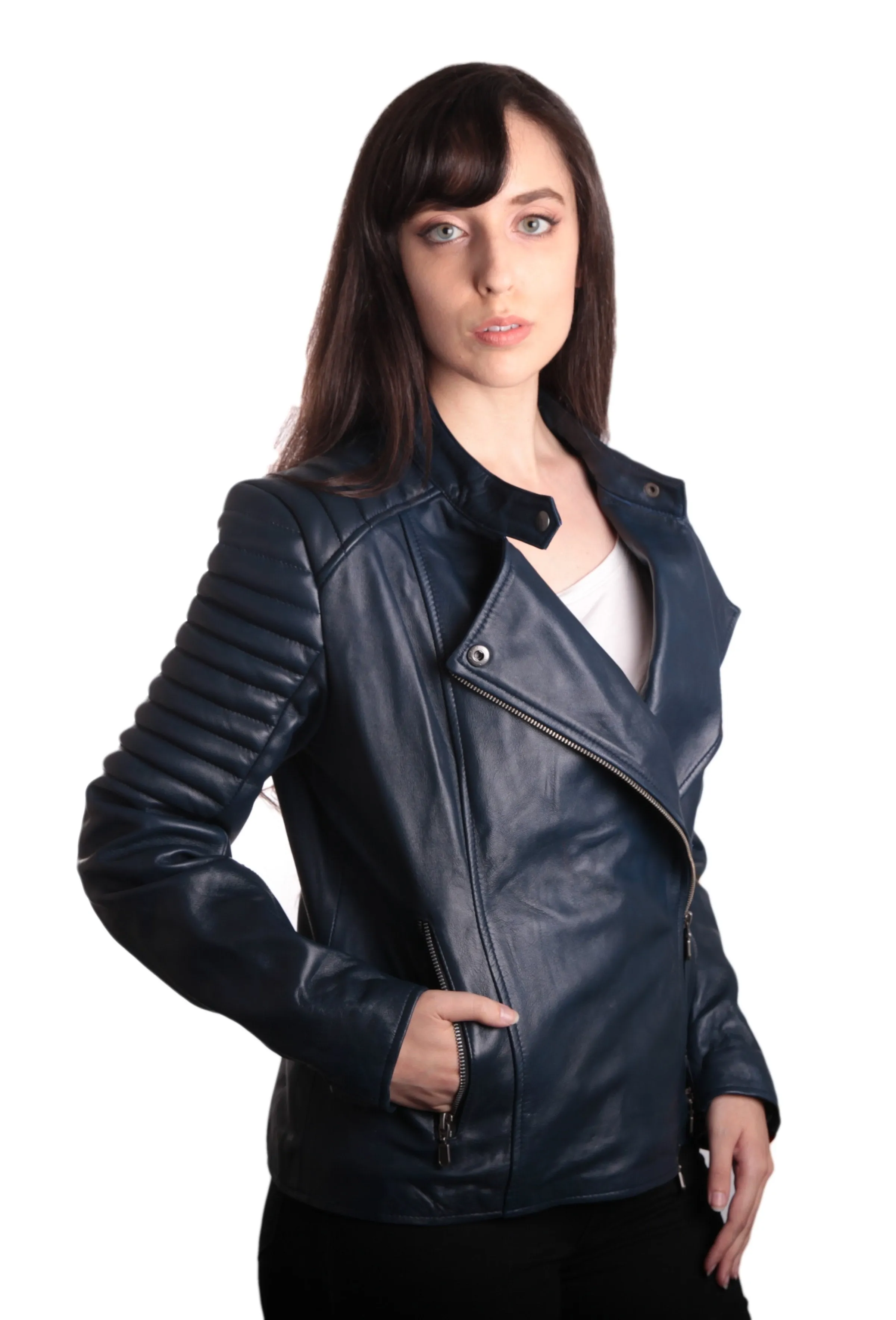 Ladies Bella Navy Blue Carla Leather Jacket