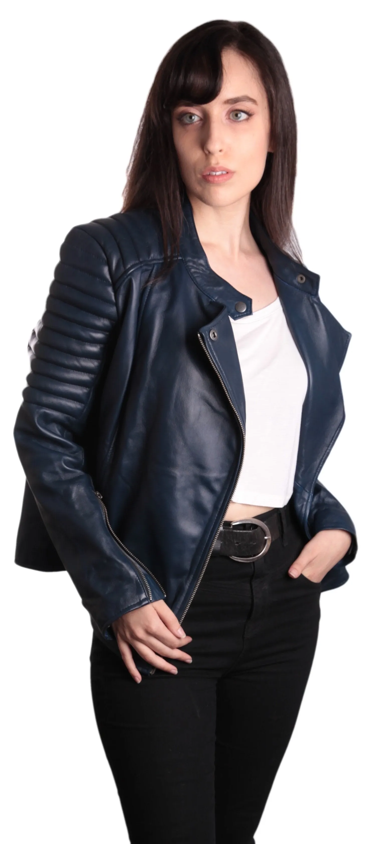 Ladies Bella Navy Blue Carla Leather Jacket