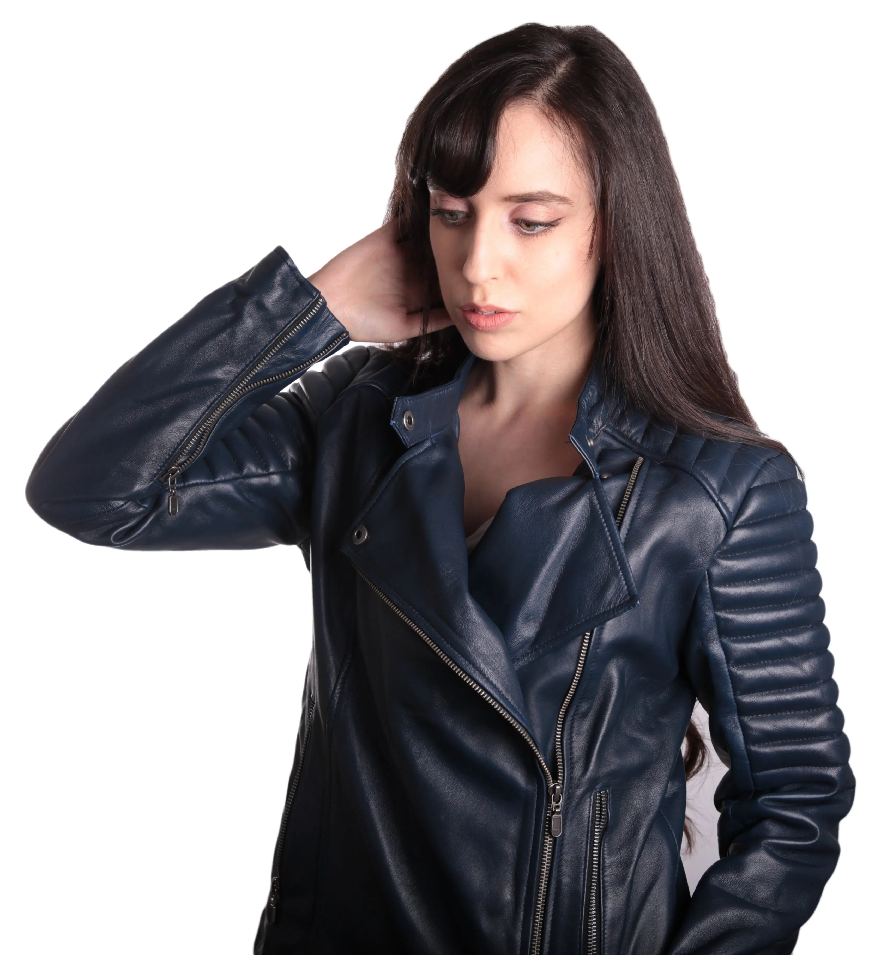 Ladies Bella Navy Blue Carla Leather Jacket