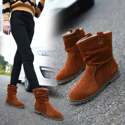 Lady's  Mid-calf Boots Round Toe Wrinkled Boots Big Code