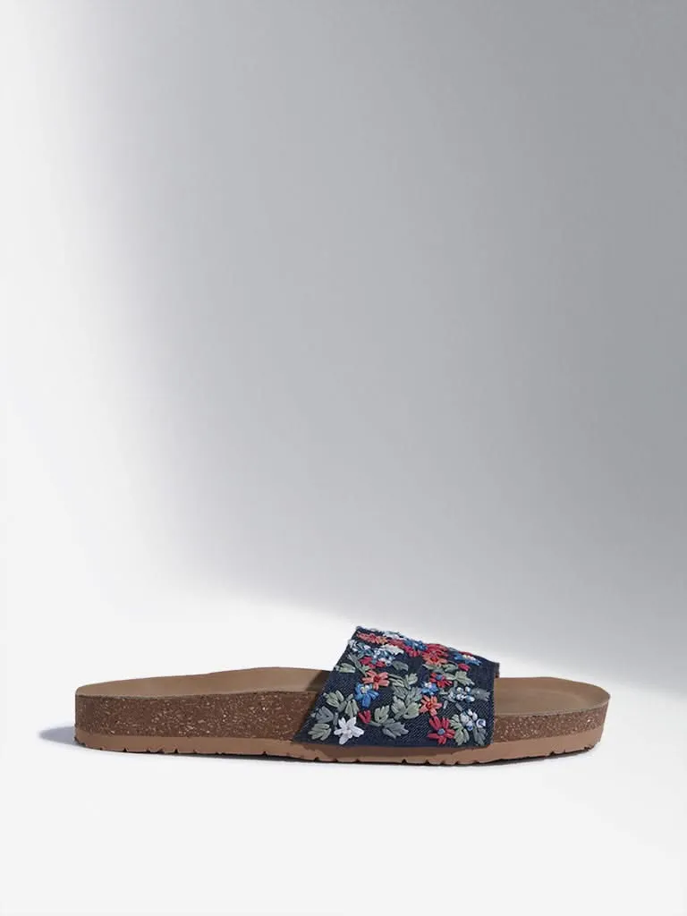 LUNA BLU Blue Floral Embroidered Sandals