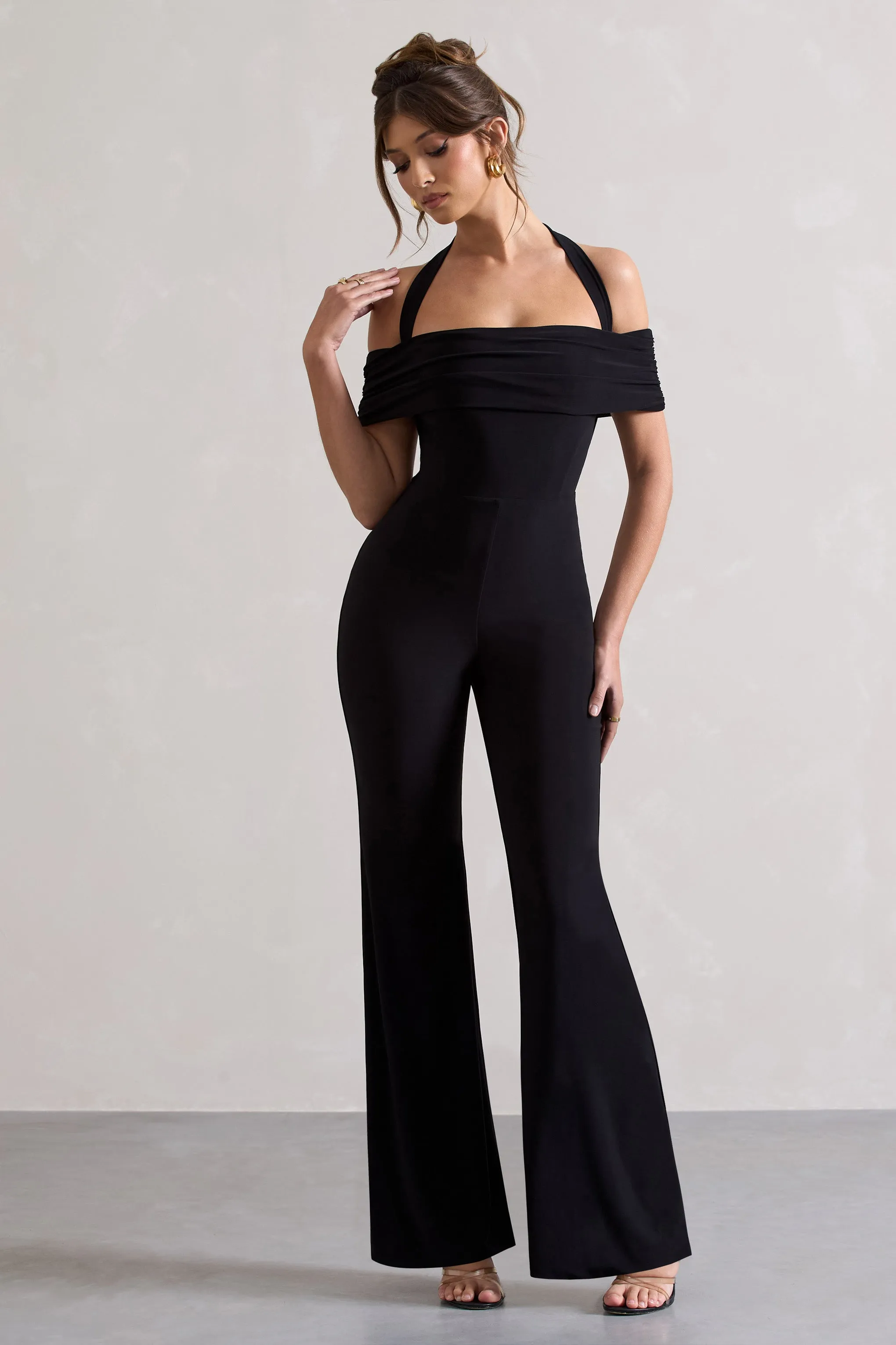 Mara | Black Bardot Halter-Neck Flared-Leg Jumpsuit