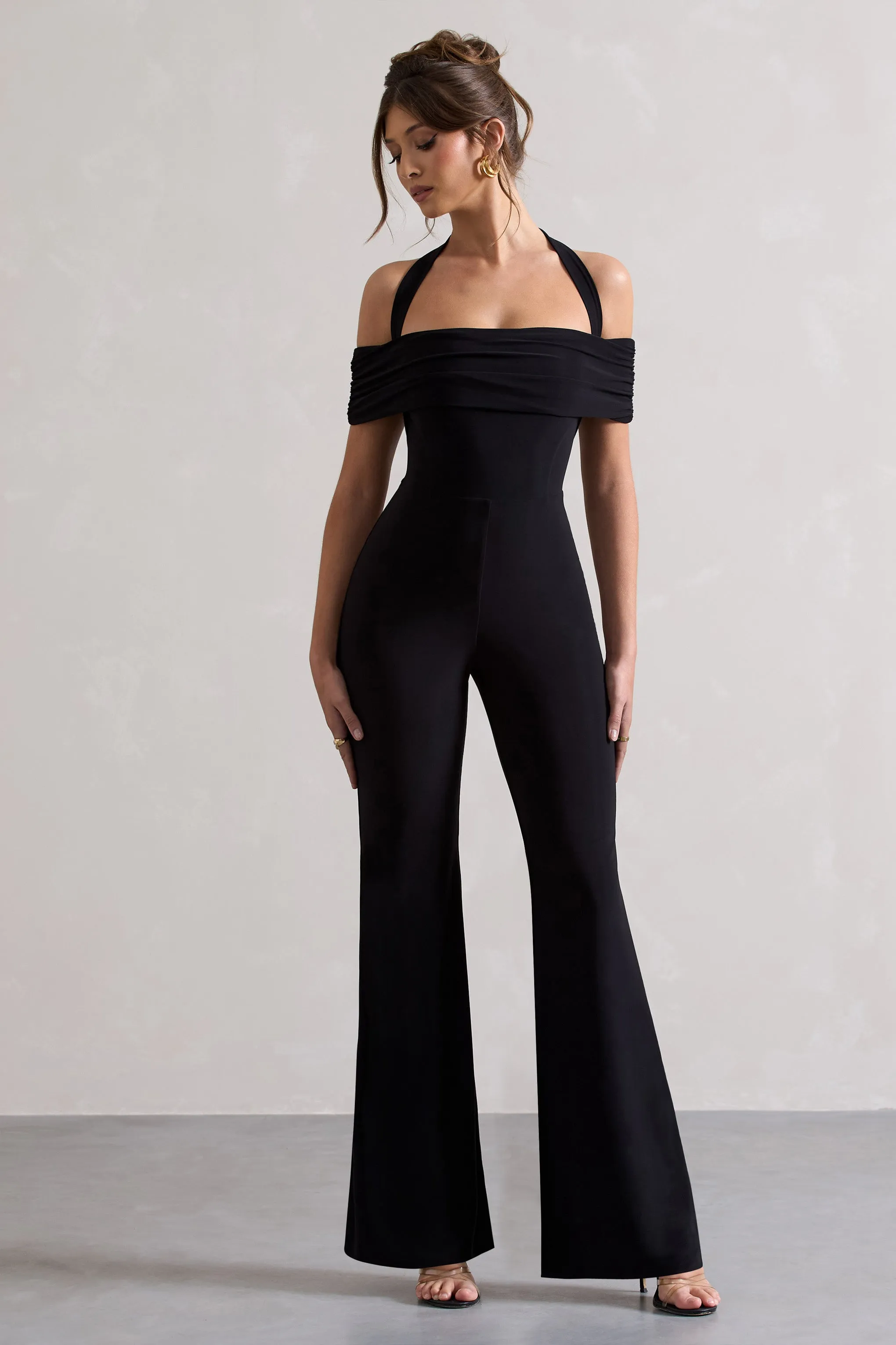 Mara | Black Bardot Halter-Neck Flared-Leg Jumpsuit