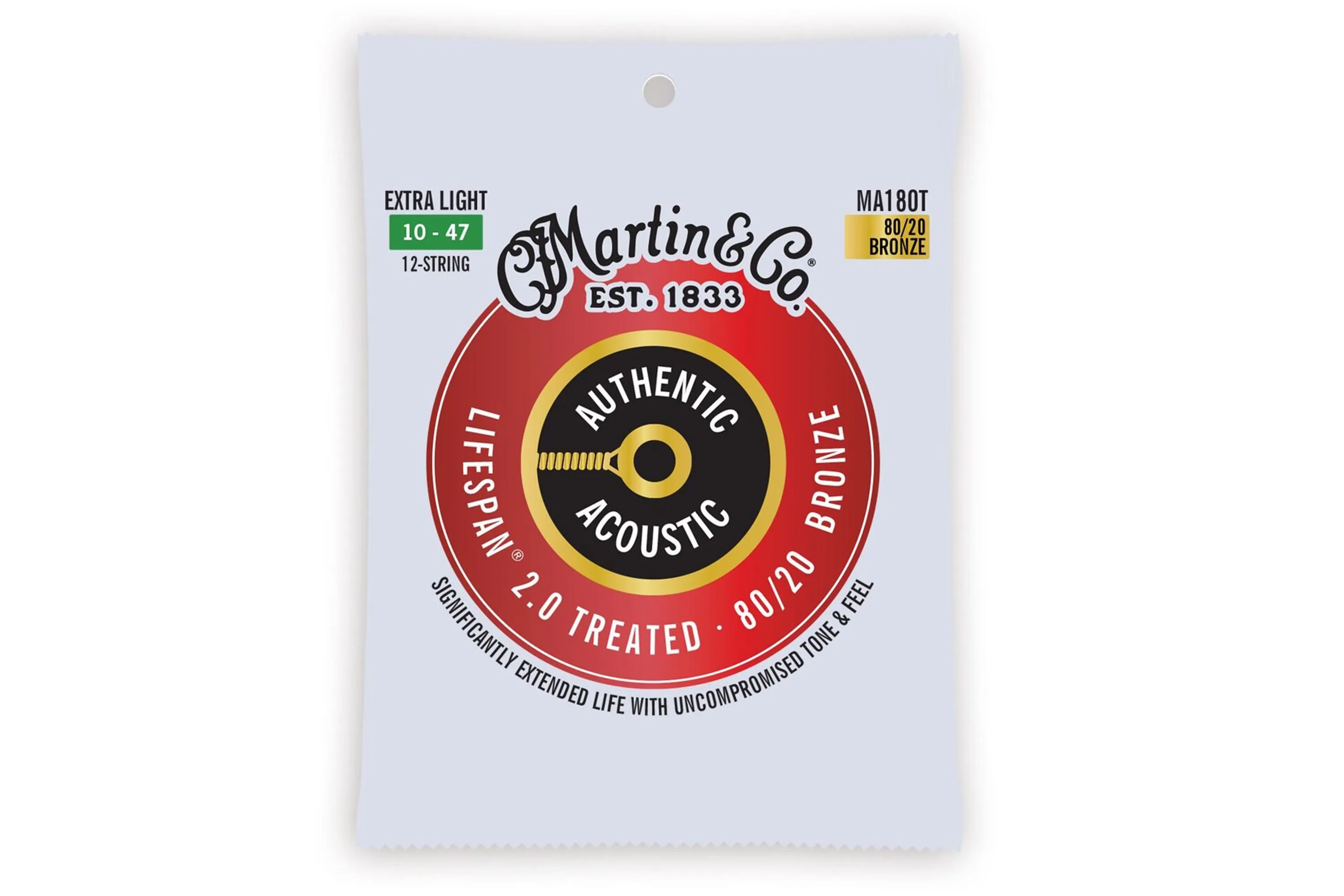 Martin MA180T 80/20 Bronze Lifespan 2.0 Authentic Acoustic 12-String Guitar Strings - Extra Light .010-.027