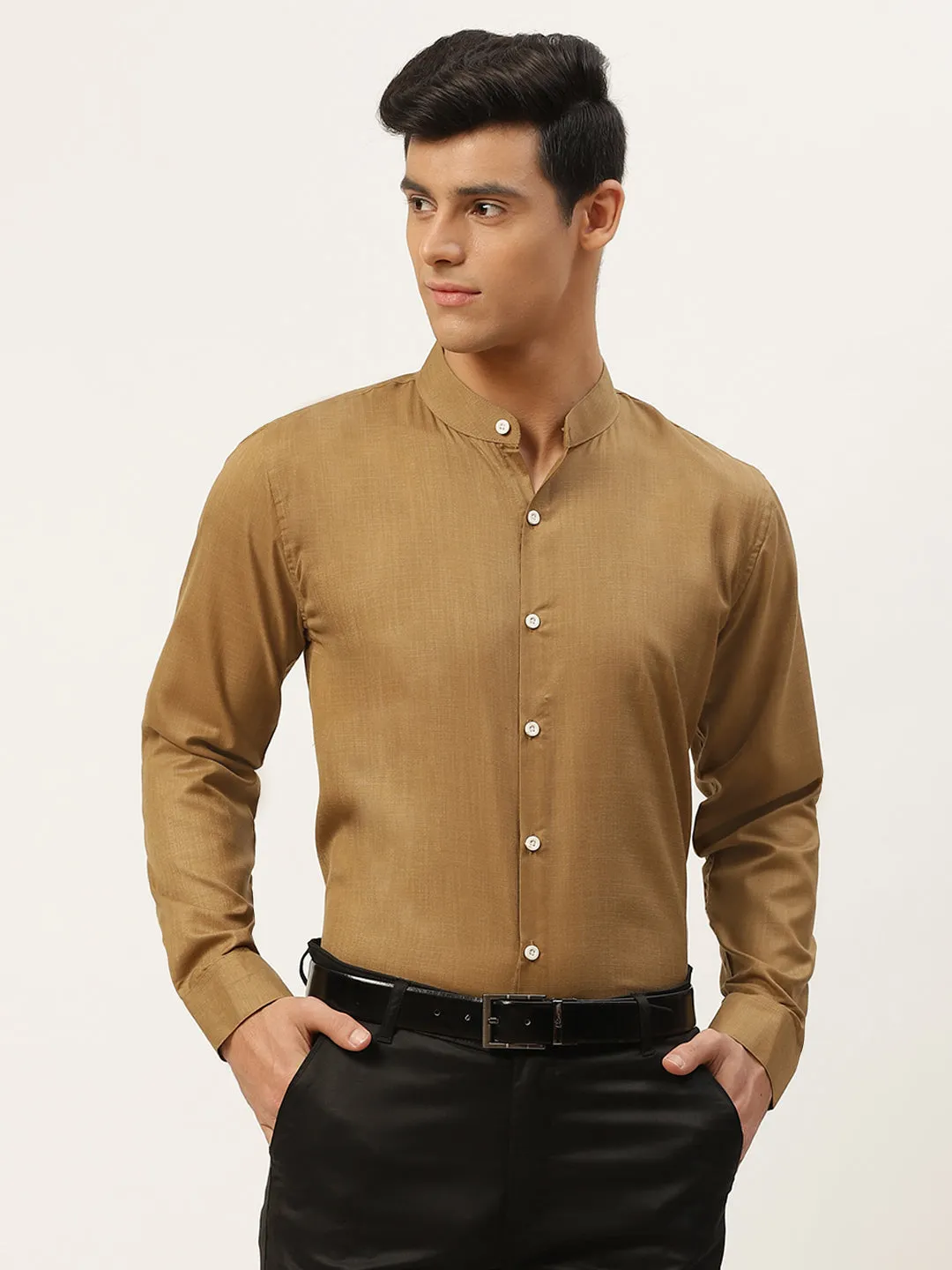 Mens Cotton Linen Moss Green Chinese Collar Shirt - Sojanya