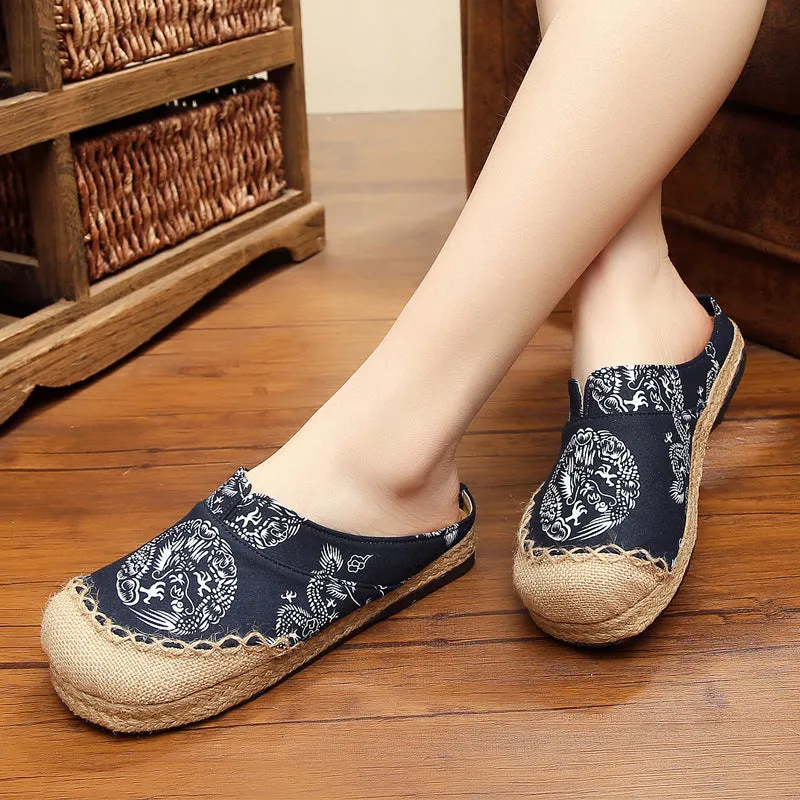 National style flax shoes round head dragon totem handmade cotton and linen stitching couples shoes