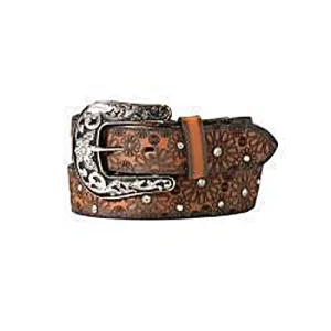 Nocona Brown Leather Lazer Cut Daisy Belt with Rhinestones