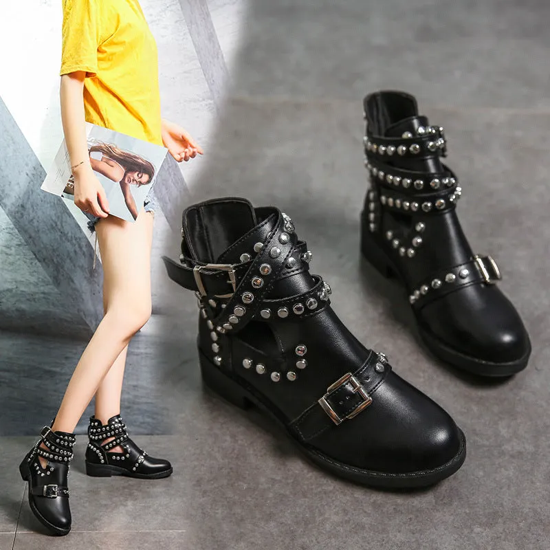 Round Head Stylish Metal Rivet Belt Buckle Martin Boots Women's Boots