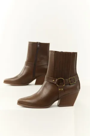 Sepia Faux Leather Buckle Strap Ankle Booties