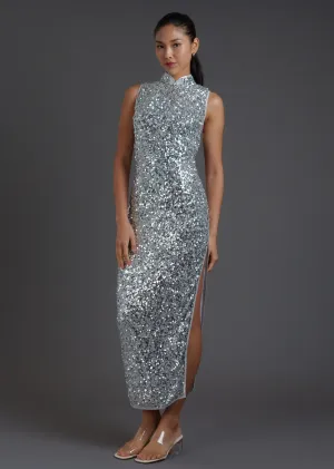 Sleeveless Disco Silver Sequins Qipao (Silver)