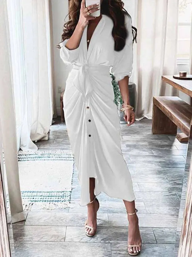 Summer Bandage Shirt Dress Women Fashion Button Ruched Dress Casual Short Sleeve Printed Dress Female Elegant Party Dress Robe