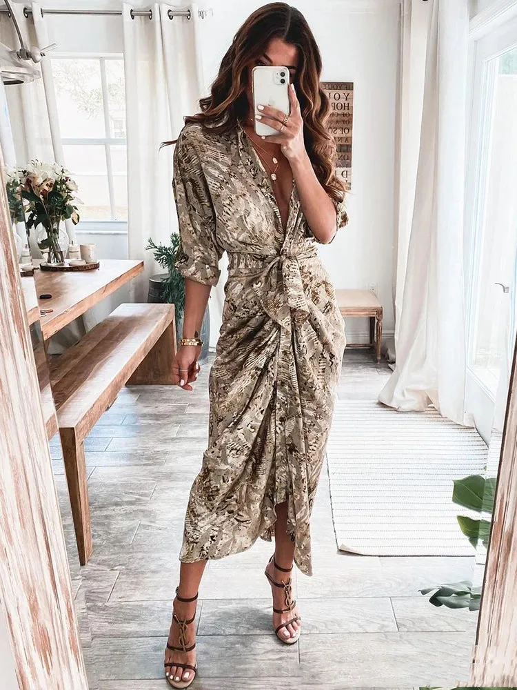 Summer Bandage Shirt Dress Women Fashion Button Ruched Dress Casual Short Sleeve Printed Dress Female Elegant Party Dress Robe