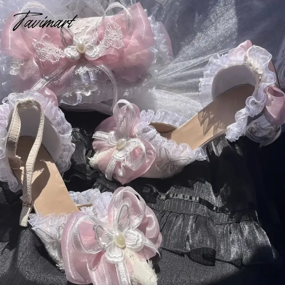 Tavimart Sweet Lolita Retro Court Style Cosplay Cute Loli Flower Wedding Girl Pearl Ribbon Butterfly Lace 8cm Pink Blue High Heeled Shoes