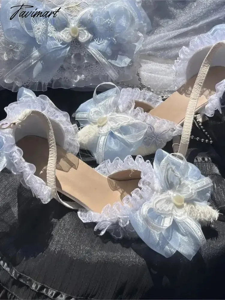 Tavimart Sweet Lolita Retro Court Style Cosplay Cute Loli Flower Wedding Girl Pearl Ribbon Butterfly Lace 8cm Pink Blue High Heeled Shoes