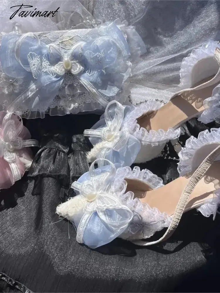 Tavimart Sweet Lolita Retro Court Style Cosplay Cute Loli Flower Wedding Girl Pearl Ribbon Butterfly Lace 8cm Pink Blue High Heeled Shoes